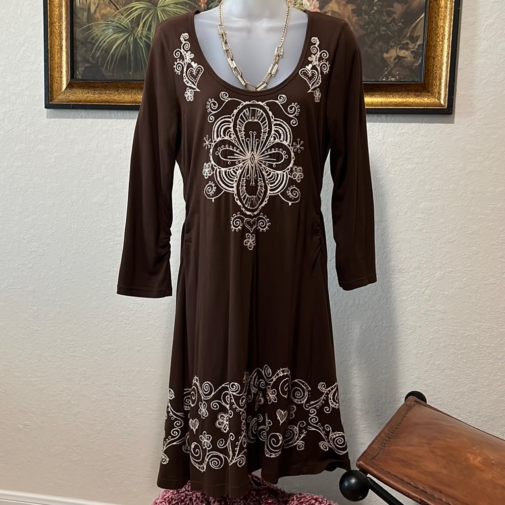 Johnny Was Brown Dress with White Embroidery
